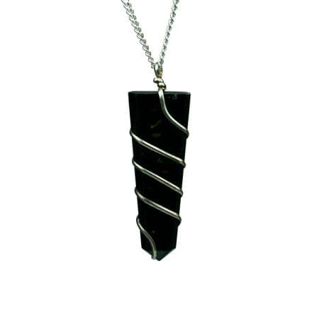 Black Shungite Flat Stone Wire Wrapped Pendant